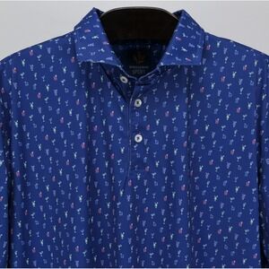 Donald Ross Sport Mens L Blue Cocktail Drink Print Golf Polo Shirt ~ Excellent